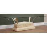 Rectangular composite stone base coffee table, bevel edge glass top table, shaped metal supports,