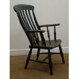 19th century elm farmhouse armchair, shaped cresting rail, turned supports,