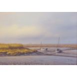 Ian McKie (British 20th/21st century): Fishing Boats resting on the Mud Flats,