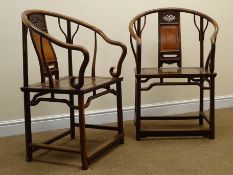 Pair of Huanghuali type horseshoe back open arm chairs,