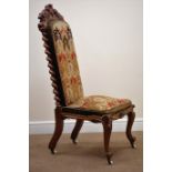Victorian walnut framed needlework chair, shaped carved foliate cresting rail,