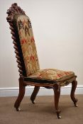 Victorian walnut framed needlework chair, shaped carved foliate cresting rail,