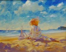 Jeremy Taylor (British 1957-): Girl Playing with Toy Boat on the Beach,