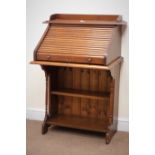 Early 20th century oak tambour desk, raised back, moulded top, fitted interior,