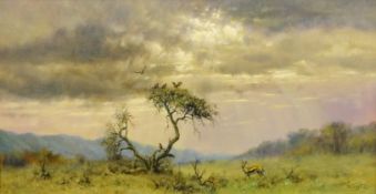 Tony Forest (British 1961-): Springbok and Birds of Prey in an Expansive African Landscape,