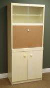 1960's white painted kitchen cabinet with two opaque glass doors and brown fall front, plinth base,