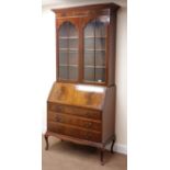 Edwardian inlaid mahogany bureau/bookcase, projecting cornice,