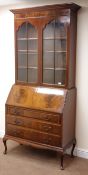 Edwardian inlaid mahogany bureau/bookcase, projecting cornice,