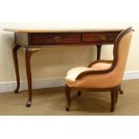 Georgian style walnut console table, two drawers, cabriole legs on pad feet (W138cm, H77cm,