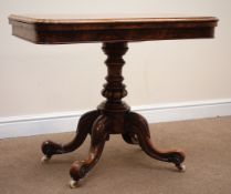 Victorian burr walnut fold over games table, inset green baise, guadrafoil base, W92cm, H74cm,