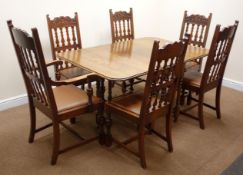 Early 20th century rectangular oak drop leaf table, turned supports (W150cm, H74cm,
