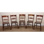 Set five Victorian elm country chairs, shaped cresting rail, turned supports,