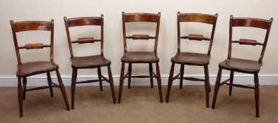 Set five Victorian elm country chairs, shaped cresting rail, turned supports,