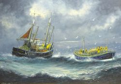 Jack Rigg (British 1927-): Whitby Lifeboat to the aid of a Trawler,