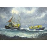 Jack Rigg (British 1927-): Whitby Lifeboat to the aid of a Trawler,