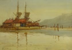 Frank Henry Mason (Staithes Group 1875-1965): Low Tide Whitby Harbour, watercolour signed 33.