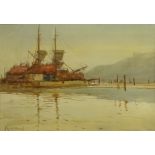 Frank Henry Mason (Staithes Group 1875-1965): Low Tide Whitby Harbour, watercolour signed 33.