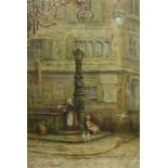 J Young (19th/20th century): Corner of a French Street with Girls and Pigeons,