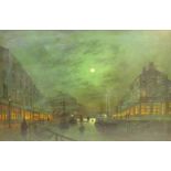 After Atkinson Grimshaw (British 1836-1893): Ruined Abbey overlooking the Quayside,