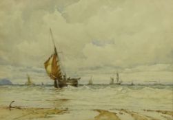 Albert Ernest Markes (British 1865-1901): Fishing Boats coming in to the Beach on the Waves,