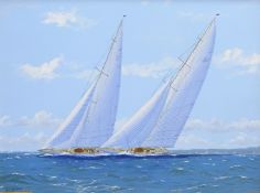 George Drury (British 1950-): 'Velsheda & Yankee on the Solent', oil on canvas signed,