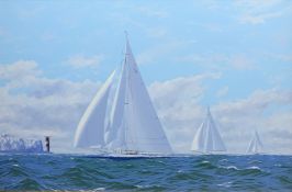 George Drury (British 1950-): 'Shamrock Cambria and Astra off the Needles', oil on canvas signed,