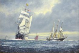 Jack Rigg (British 1927-): Tall Ships at Sea, oil on board signed and dated 1999,