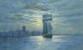 A P Winteringham (Early 20th century): Sailing Barge in the Humber Estuary by Moonlight,