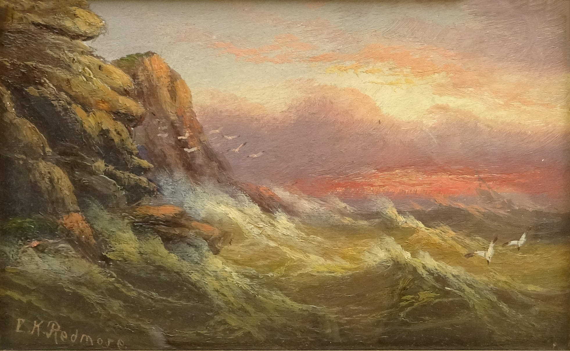 Edward King Redmore (British 1860-1941): Coastal scenes - Calm and Storm at Sunset,