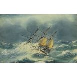 J W P (19th century): 'HMS Powerful - 84 Guns', watercolour with extensive scratching out unsigned,