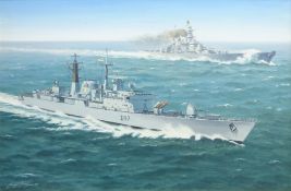 George Heiron (British 1929-2001): 'USS Missouri with HMS Edinburgh at Full Steam' - First Gulf War,