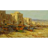 Andrea Patrisi (Italian 1954-): Beached Fishing Boats on the Amalfi Coast,