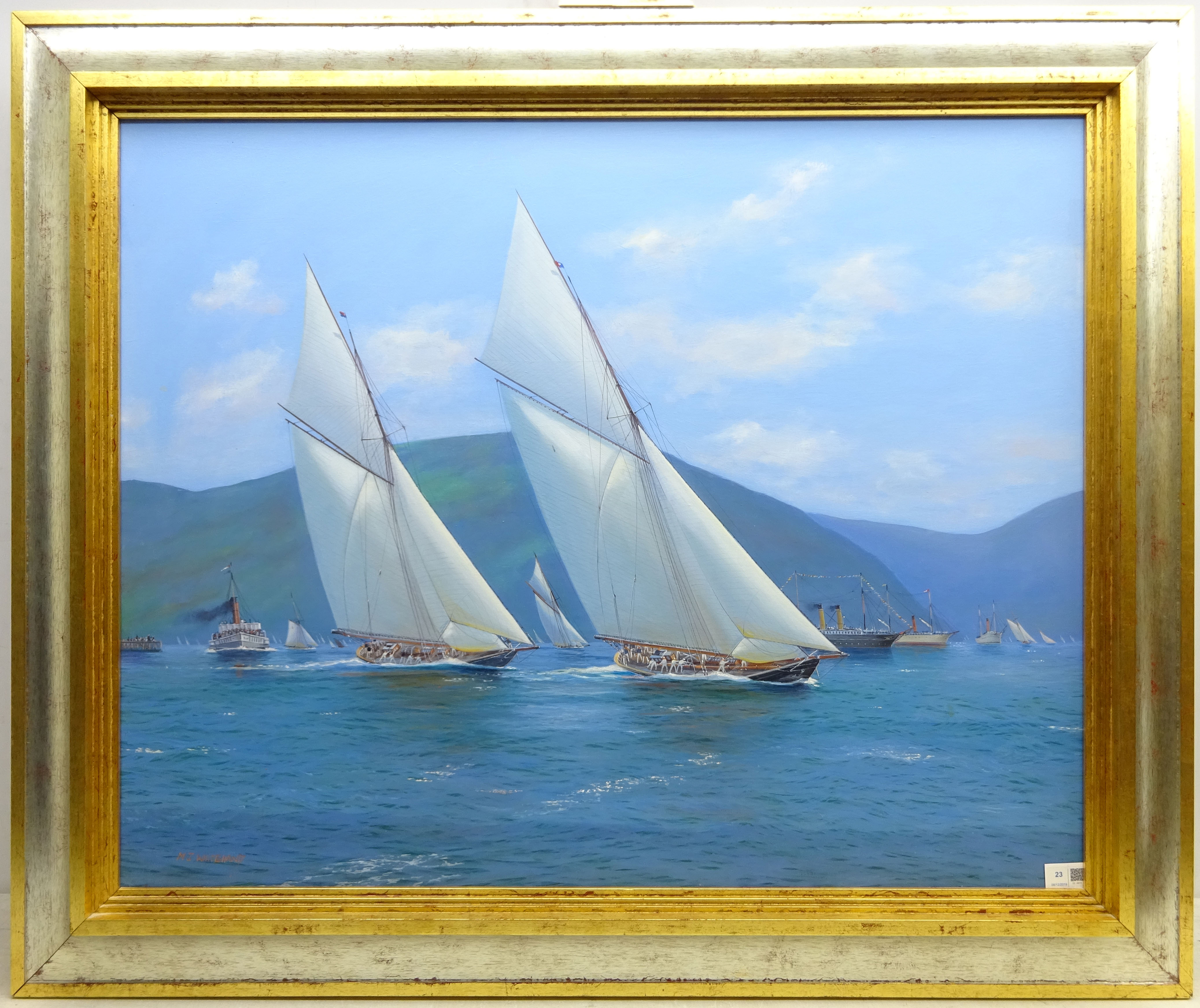 Michael J Whitehand (British 1941-): 'Britannia leading Ailsa racing in the Clyde', - Image 2 of 2