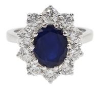 18ct white gold sapphire and diamond cluster ring, sapphire approx 2.