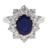 18ct white gold sapphire and diamond cluster ring, sapphire approx 2.