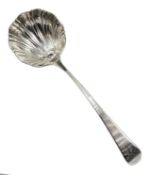 Silver sauce spoon, scalloped shell bowl by William Pugh London (date marks rubbed), approx 1.