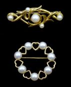 Gold heart and pearl design circular brooch and gold pearl scroll design brooch,