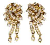 Pair of 18ct gold diamond pendant earrings,