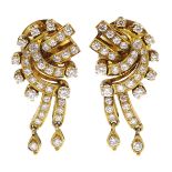 Pair of 18ct gold diamond pendant earrings,