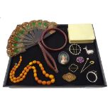 Collection Victorian jewellery, feather and faux tortoiseshell fan, amber type necklace,