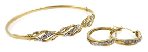 9ct gold diamond set hinged bangle stamped 375 and similar pair earrings hallmarked7.