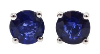 Pair of 18ct white gold round sapphire stud earrings, stamped 750, sapphire total weight approx 1.