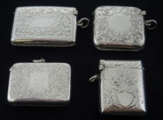 Four Victorian and later silver vesta cases, bright cut decoration by Hayes Brothers,