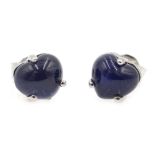 Pair of 18ct white gold heart shape cabochon sapphire stud earrings, stamped 750,