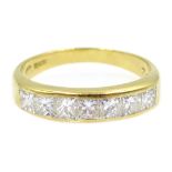 Gold princess cut diamond channel set half eternity ring, hallmarked 18ct, total diamond weight 1.