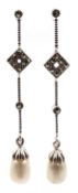 Pair of pearl and marcasite silver drop earrings stamped 925 Condition Report