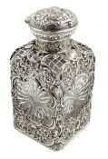 Edwardian silver mounted cut glass square decanter with star cut sides,