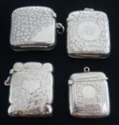 Four Edwardian silver vesta cases, engraved decoration by John Rose, Hands & Pearce,