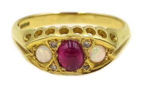 18ct gold cabochon ruby, opal and diamond ring,