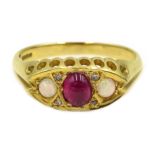 18ct gold cabochon ruby, opal and diamond ring,